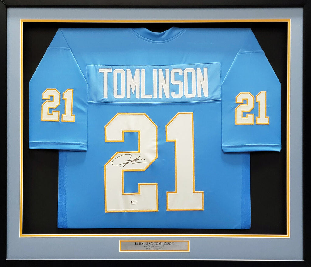 CHARGERS LADAINIAN TOMLINSON AUTOGRAPHED FRAMED BLUE JERSEY BECKETT 20 Super Sports Center