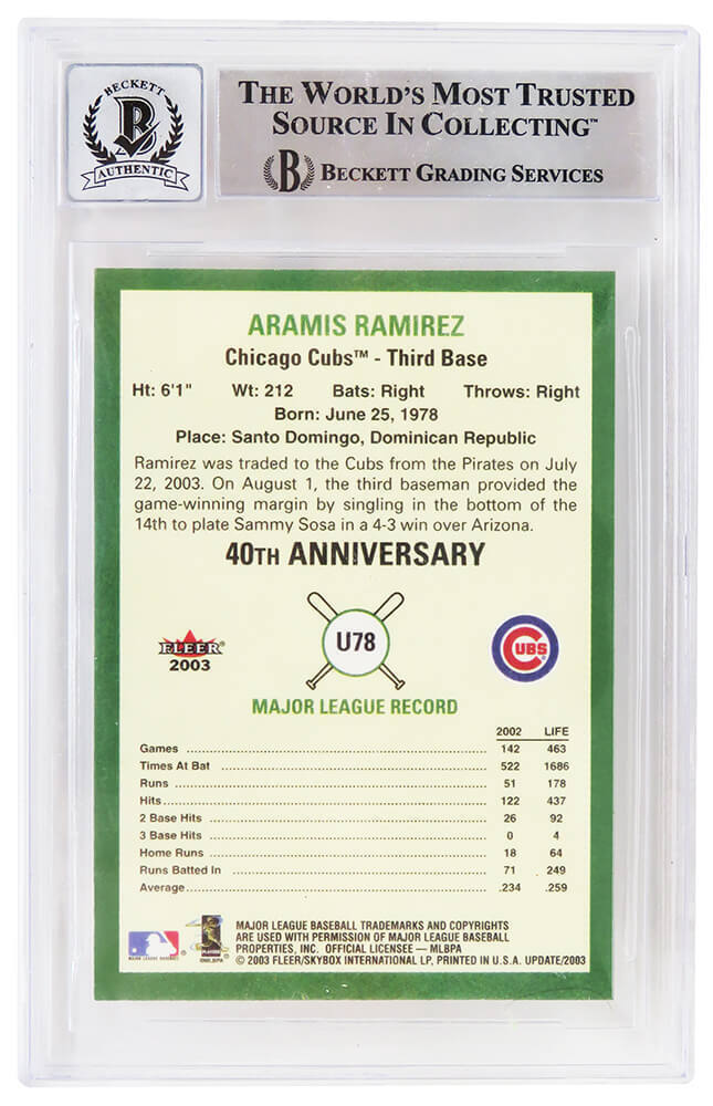 Aramis Ramirez Signed Chicago Cubs 2003 Fleer Tradition Update Baseball  Card #78 - Schwartz Authenticated