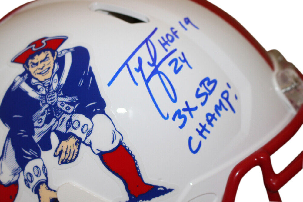 Ty Law Signed New England Patriots Speed Authentic Helmet w/2 insc