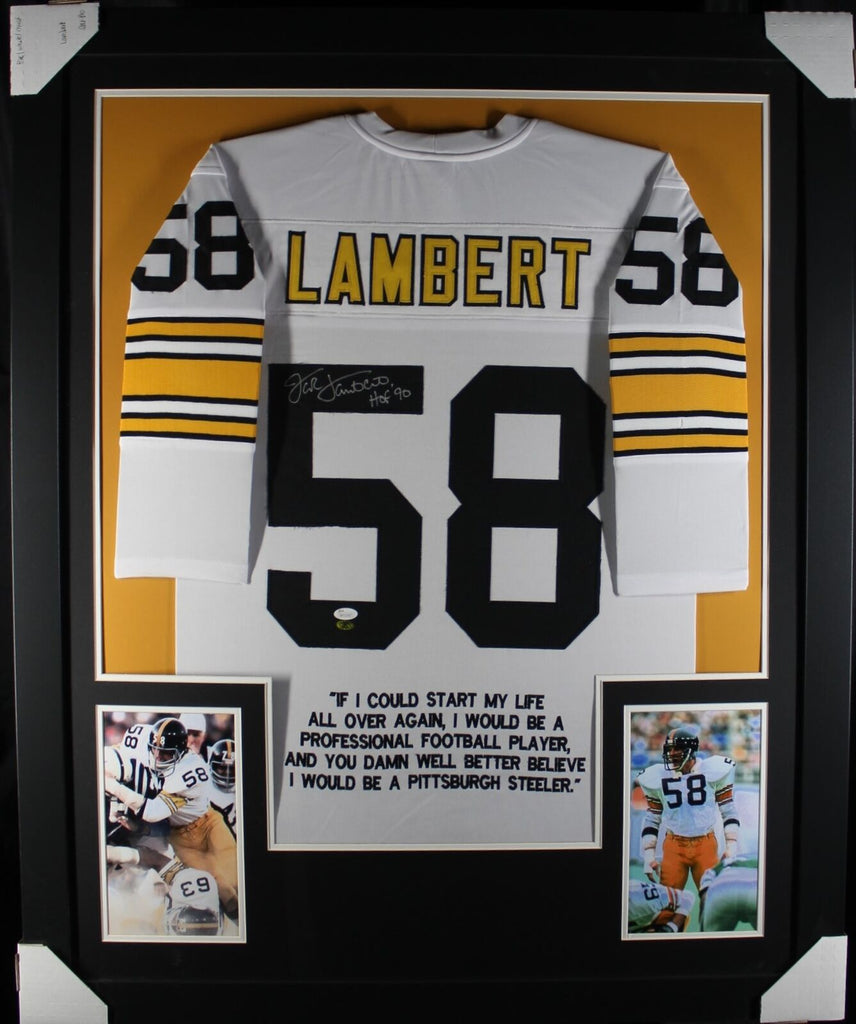 Jack Lambert Autographed HOF 90 and Framed White Steelers Jersey