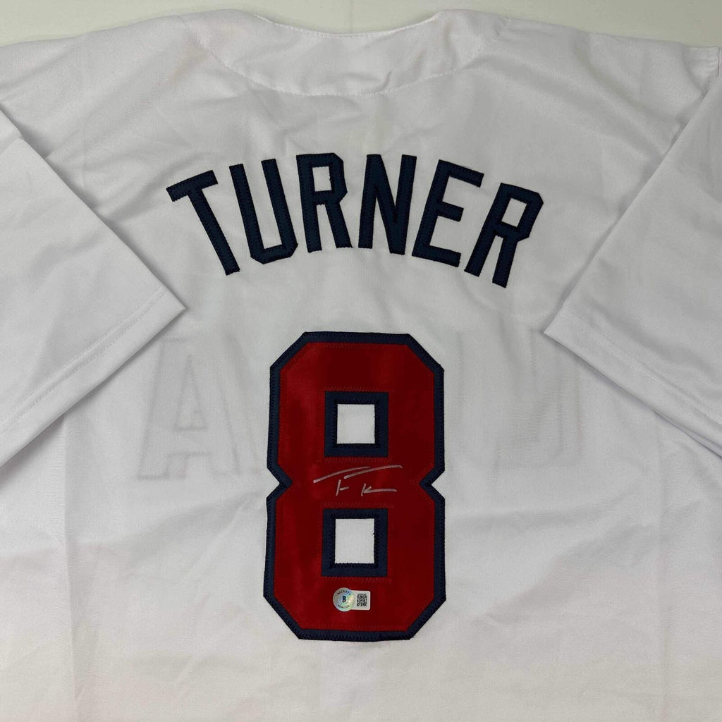 Autographed/Signed Trea Turner Philadelphia Grey Baseball Jersey Beckett BAS COA