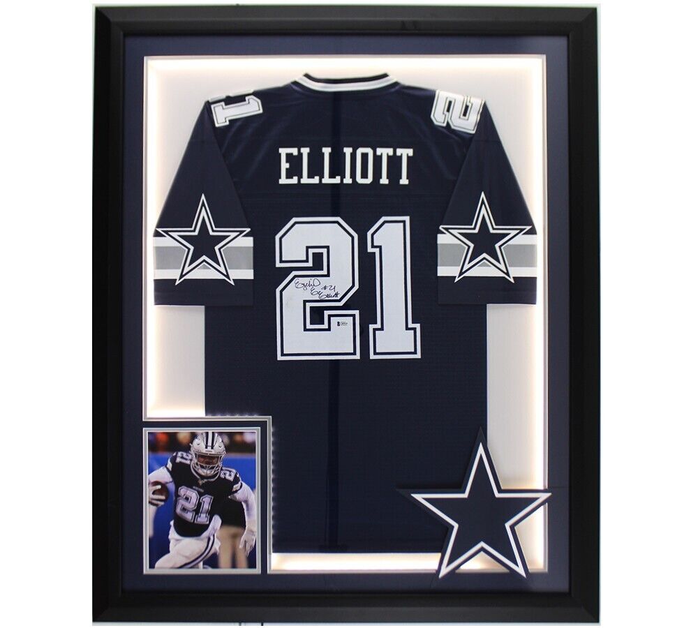 Ezekiel Elliott Autographed & Framed White Dallas Cowboys Jersey Auto  Beckett COA