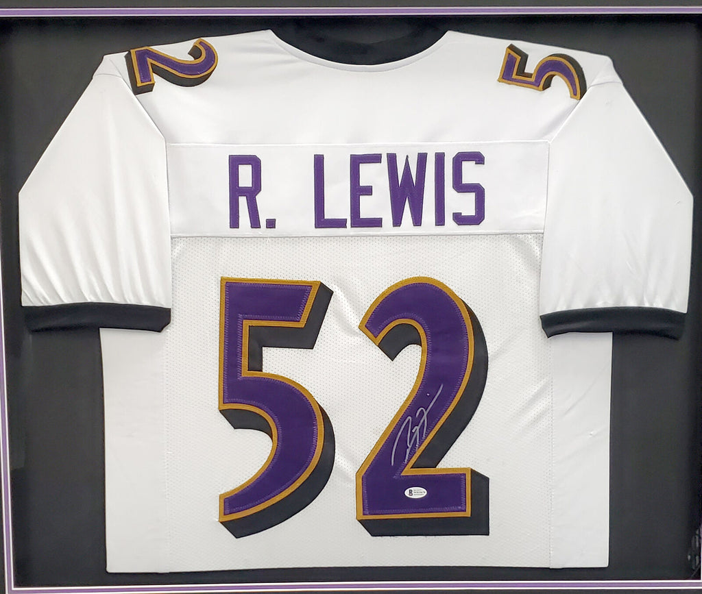 Framed Autographed/Signed Ray Lewis 33x42 Baltimore White Football Jersey  JSA COA