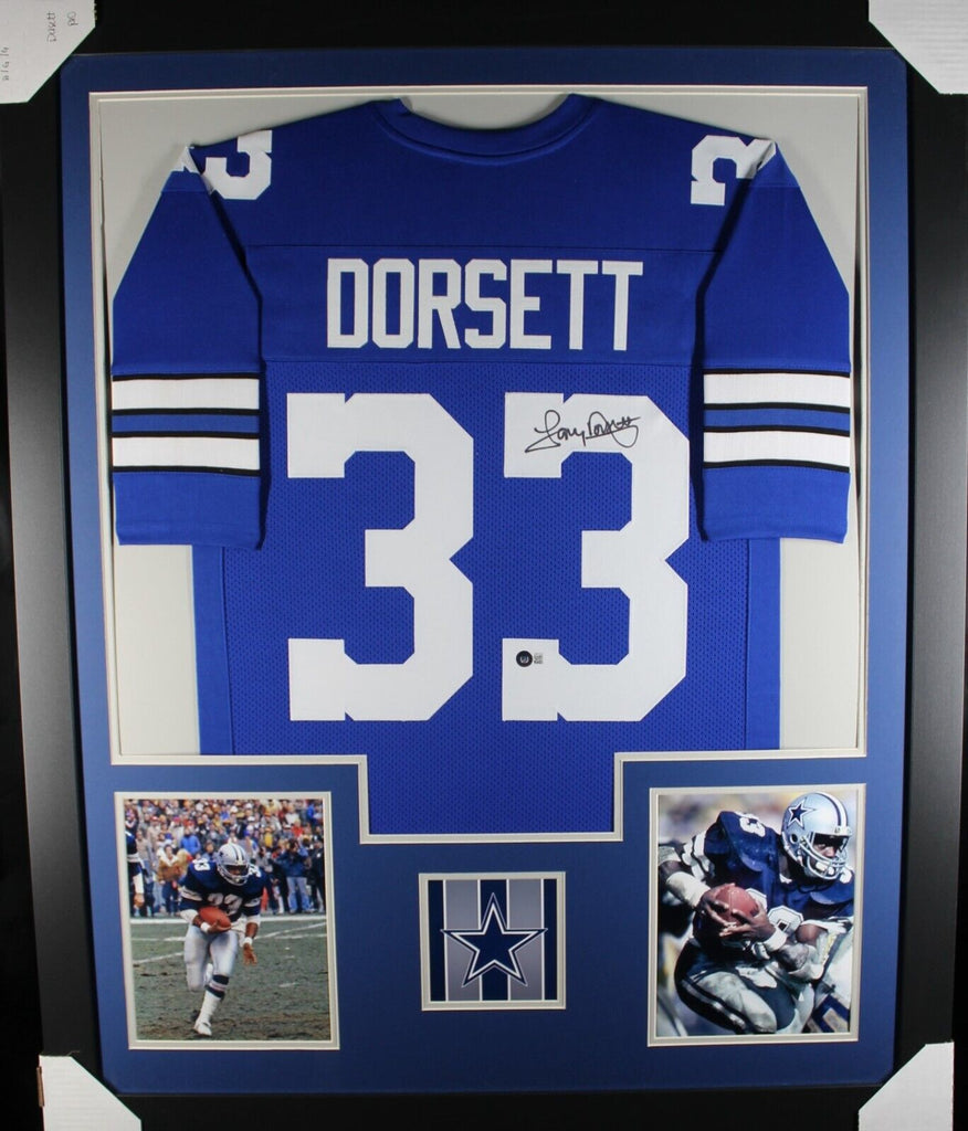 TONY DORSETT (Cowboys blue TOWER) Signed Autographed Framed Jersey JSA –  Super Sports Center