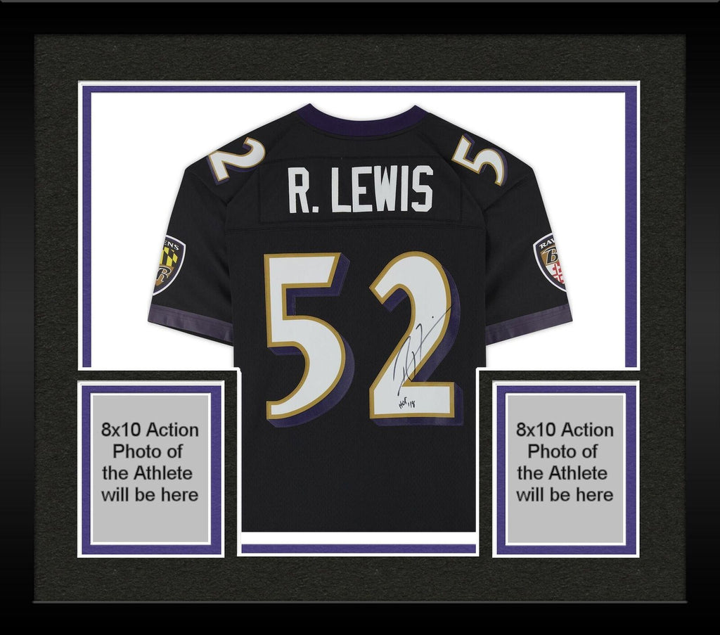 Framed Autographed/Signed Ray Lewis 33x42 Baltimore White Football Jersey  JSA COA