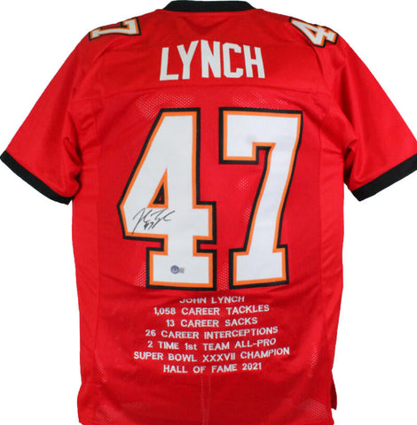 John Lynch Autographed Red Pro Style STAT Jersey- Beckett W Hologram *Black