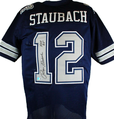 Roger Staubach Autographed Blue/Grey Pro Style Jersey w/HOF- Beckett W Hologram