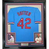 FRAMED Autographed/Signed BRUCE SUTTER HOF 33x42 St. Louis Blue Jersey JSA COA