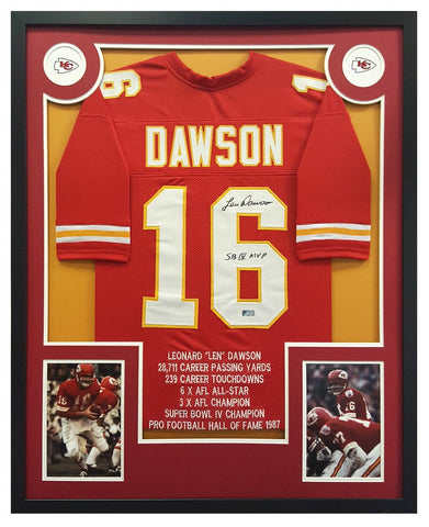 Len Dawson Signed Kansas City Chiefs Stat Embroidered Custom Framed Red Jersey with "SB IV MVP" Inscription