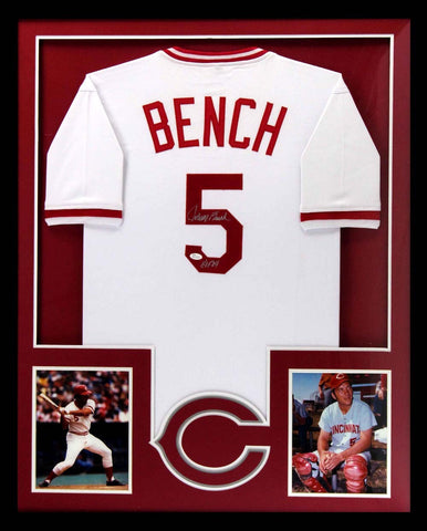 Johnny Bench Signed Cincinnati Reds Framed White Custom Jersey With "HOF 89" Inscription