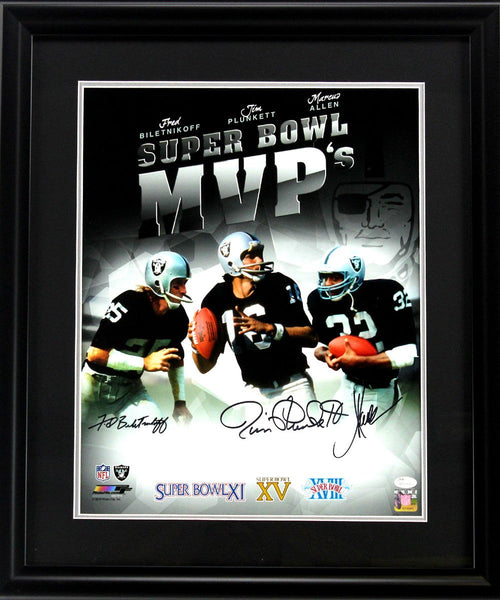 Marcus Allen, Fred Biletnikoff & Jim Plunkett Signed Oakland Raiders Framed Super Bowl MVP's 16x20 NFL Photo