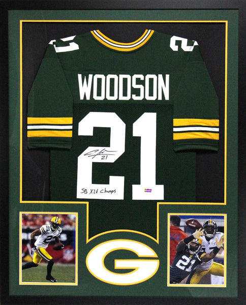 Charles Woodson Signed Green Bay Packers Framed Green Custom Jersey with "SB XLV Champs" Inscription