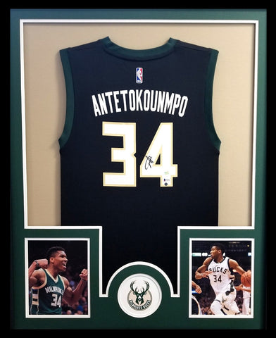 Giannis Antetokounmpo Signed Milwaukee Bucks Framed Black Replica Jersey