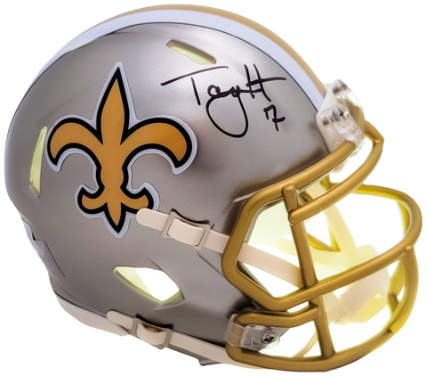 TAYSOM HILL AUTOGRAPHED SAINTS FLASH GRAY SPEED MINI HELMET BECKETT 206507