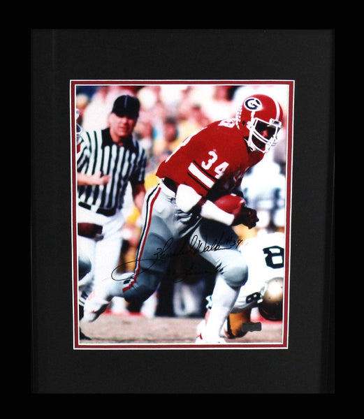 Herschel Walker Autographed/Signed Georgia Bulldogs Framed 11x14 NCAA Photo with "82 Heisman" Inscription - Running Left