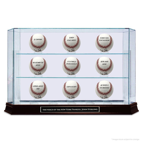 The Voice of The New York Yankees Baseball Set: 9 John Sterling Signed Baseballs With Inscriptions and Glass Display Case