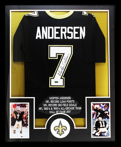 Morten Andersen Signed New Orleans Saints Custom Framed Career Stat Black Jersey