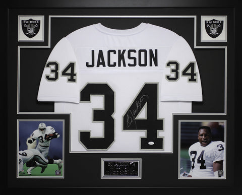 Bo Jackson Autographed and Framed White Raiders Jersey Auto JSA COA