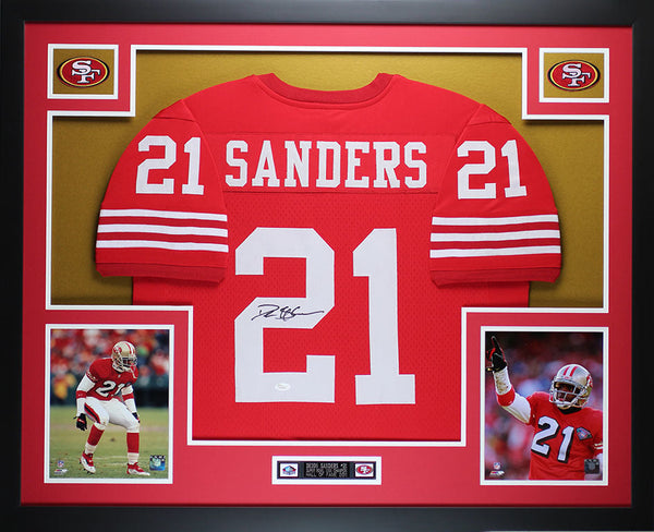 Deion Sanders Autographed and Framed Red 49ers Jersey