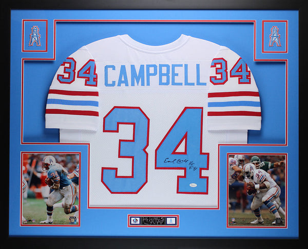 Earl Campbell Autographed HOF 91 and Framed White Oilers Jersey