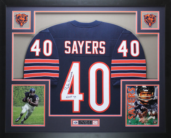 Gale Sayers Autographed HOF 77 and Framed Navy Bears Jersey