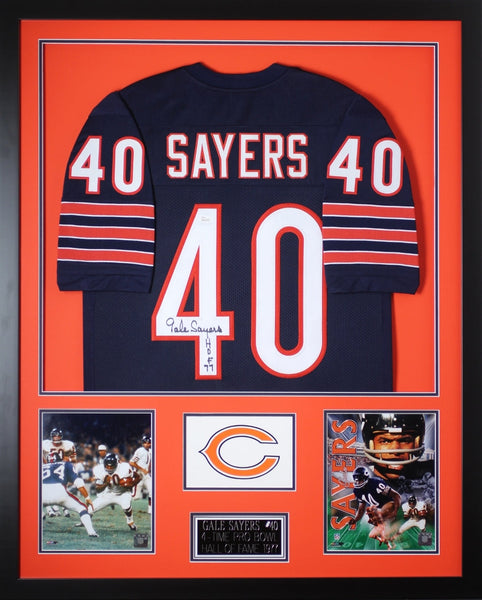 Gale Sayers Autographed HOF 77 and Framed Navy Bears Jersey