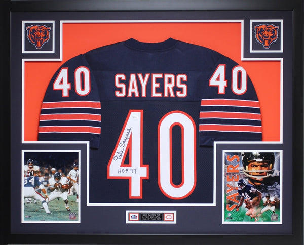 Gale Sayers Autographed HOF 77 and Framed Navy Bears Jersey