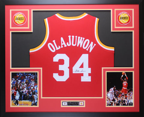 Hakeem Olajuwon Autographed and Framed Red Rockets Jersey