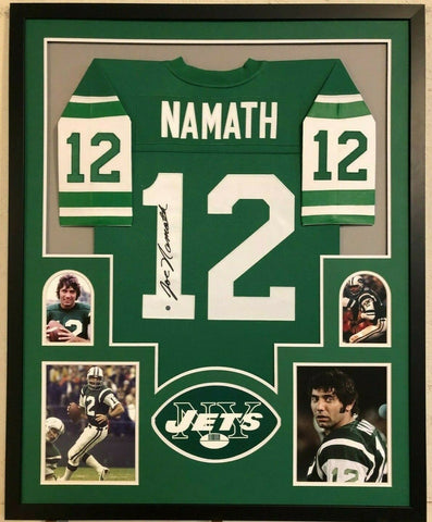 JOE NAMATH AUTOGRAPHED SIGNED FRAMED GREEN JERSEY