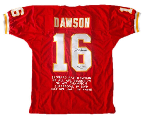 Len Dawson Autographed Red Pro Style Jersey With HOF- Tristar W Authenticated