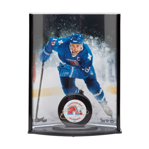 Joe Sakic Autographed Quebec Nordiques Puck with Nordiques Picture Curve Display