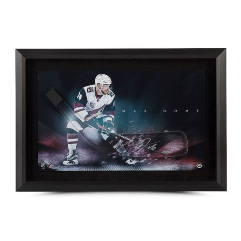 Max Domi Autographed Stick Blade with "Dynamic" Coyotes Picture (Framed)