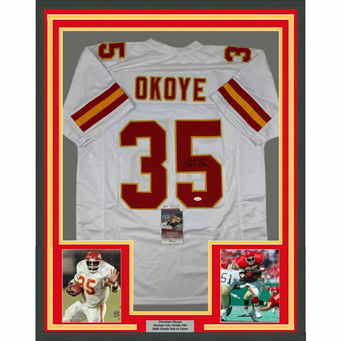 FRAMED Autographed/Signed CHRISTIAN OKOYE 33x42 Kansas City White Jersey JSA COA