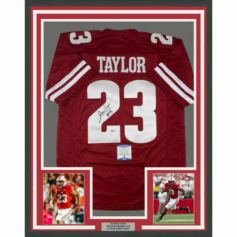 FRAMED Autographed/Signed JONATHAN TAYLOR 33x42 Wisconsin Red Jersey Beckett COA