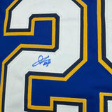 Framed Autographed/Signed Jordan Kyrou 35x39 St. Louis Blue Jersey JSA COA