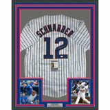 FRAMED Autographed/Signed KYLE SCHWARBER 33x42 Chicago Pinstripe Jersey JSA COA