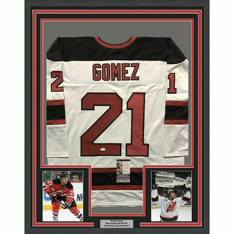 FRAMED Autographed/Signed SCOTT GOMEZ 33x42 New Jersey White Jersey JSA COA Auto