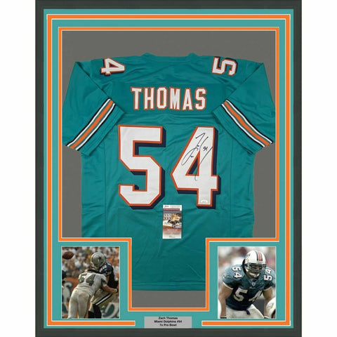 FRAMED Autographed/Signed ZACH THOMAS 33x42 Miami Teal Football Jersey JSA COA