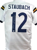 Roger Staubach Signed White College Style Jersey W/ Heisman- Beckett W *Silver