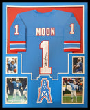 FRAMED HOUSTON OILERS WARREN MOON AUTOGRAPHED SIGNED INSCRIBED JERSEY JSA COA