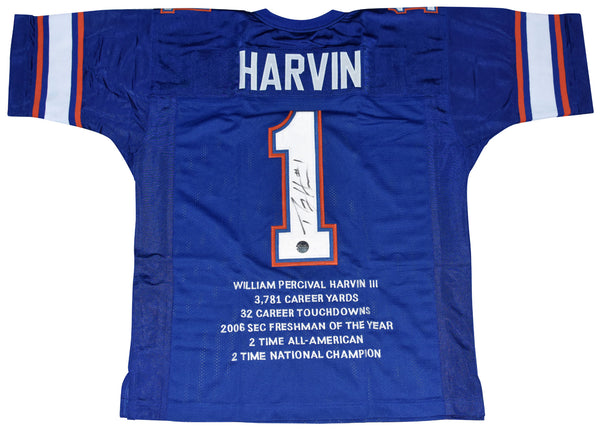 PERCY HARVIN AUTOGRAPHED FLORIDA GATORS #1 BLUE STAT JERSEY COA