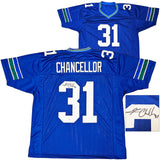 SEAHAWKS KAM CHANCELLOR AUTOGRAPHED SIGNED BLUE THROWBACK JERSEY MCS HOLO 220829