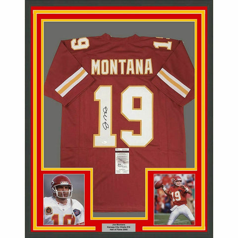 FRAMED Autographed/Signed JOE MONTANA 33x42 Kansas City Red Jersey JSA COA Auto