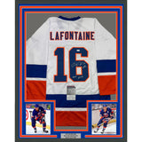 Framed Autographed/Signed Pat Lafontaine HOF 35x39 New York White Jersey JSA COA