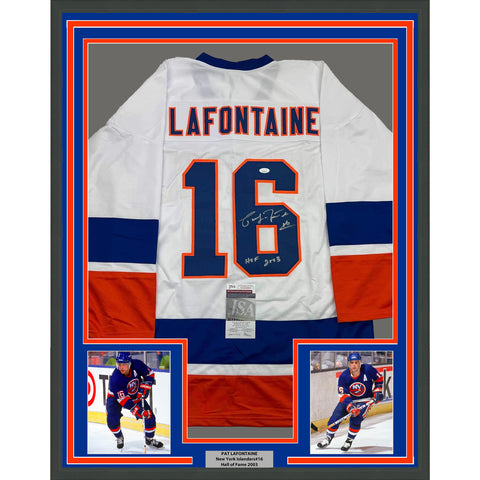 Framed Autographed/Signed Pat Lafontaine HOF 35x39 New York White Jersey JSA COA