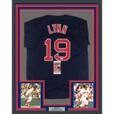 FRAMED Autographed/Signed FRED LYNN 33x42 Boston Blue Baseball Jersey JSA COA