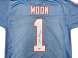 HOUSTON OILERS WARREN MOON AUTOGRAPHED BLUE JERSEY "HOF 06" BECKETT QR 230187