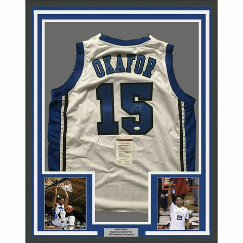 FRAMED Autographed/Signed JAHLIL OKAFOR 33x42 Duke White College Jersey JSA COA