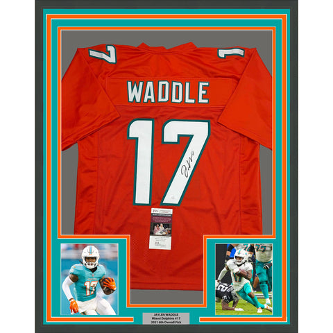 Framed Autographed/Signed Jaylen Waddle 35x39 Miami Orange Jersey JSA COA