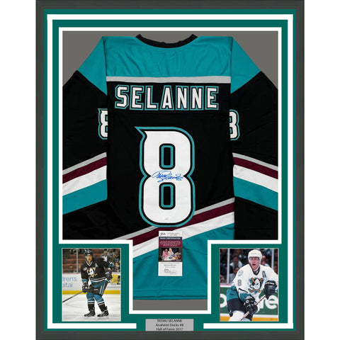 Framed Autographed/Signed Teemu Selanne 35x39 Anaheim Black Retro Jersey JSA COA